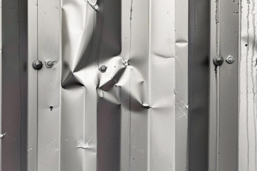 Denting and scratching on corrugated metal sheets from impact like hail or debris