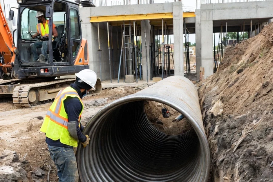 Real-world culvert installation in construction for drainage